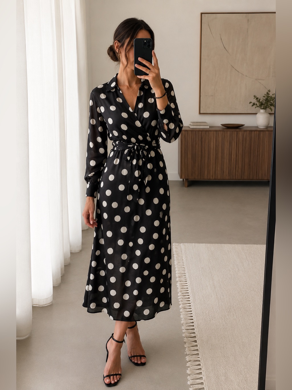 Pinko Black White Polka Dot Wrap Midi Dress Belted Long Sleeve Silk Look Us 2
